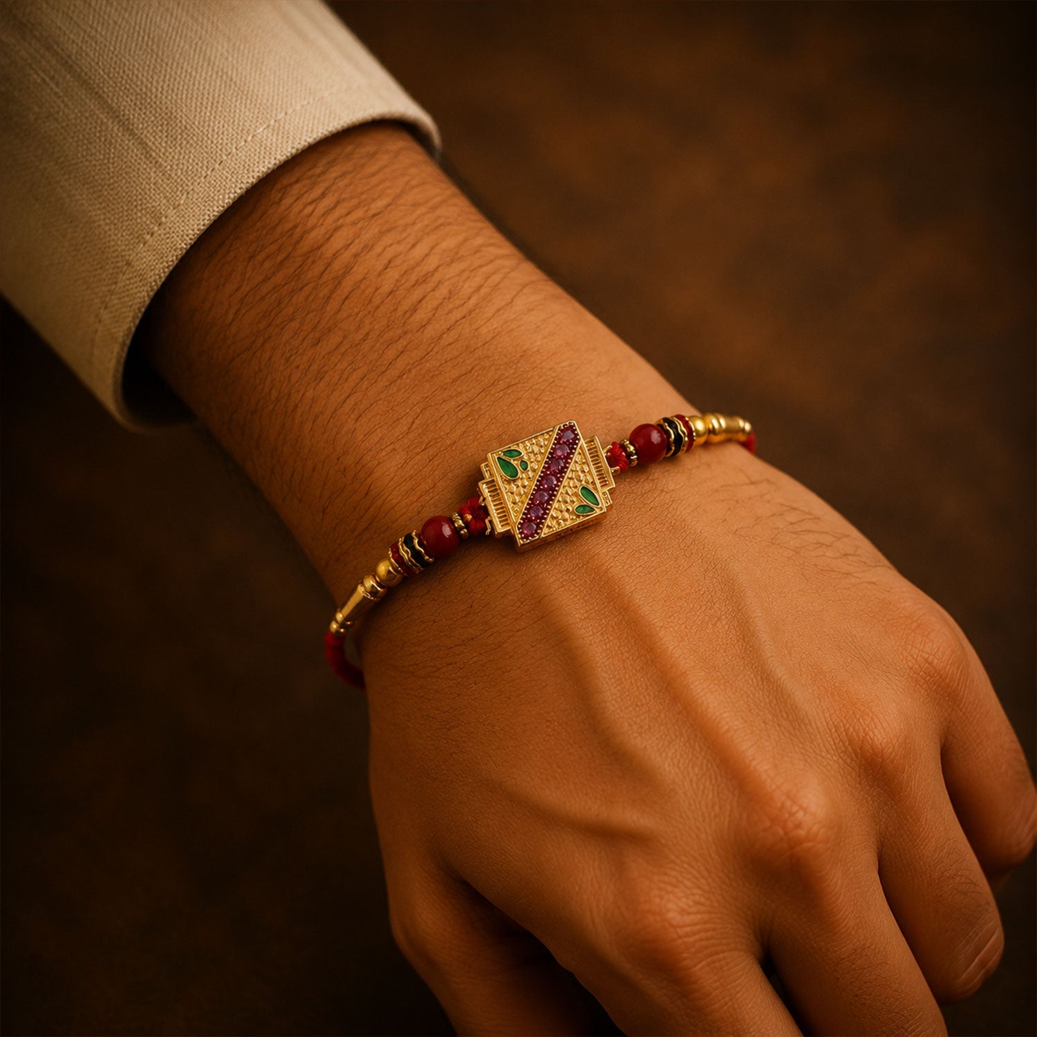 Golden Square Meenakari Rakhi with Beads for Brother