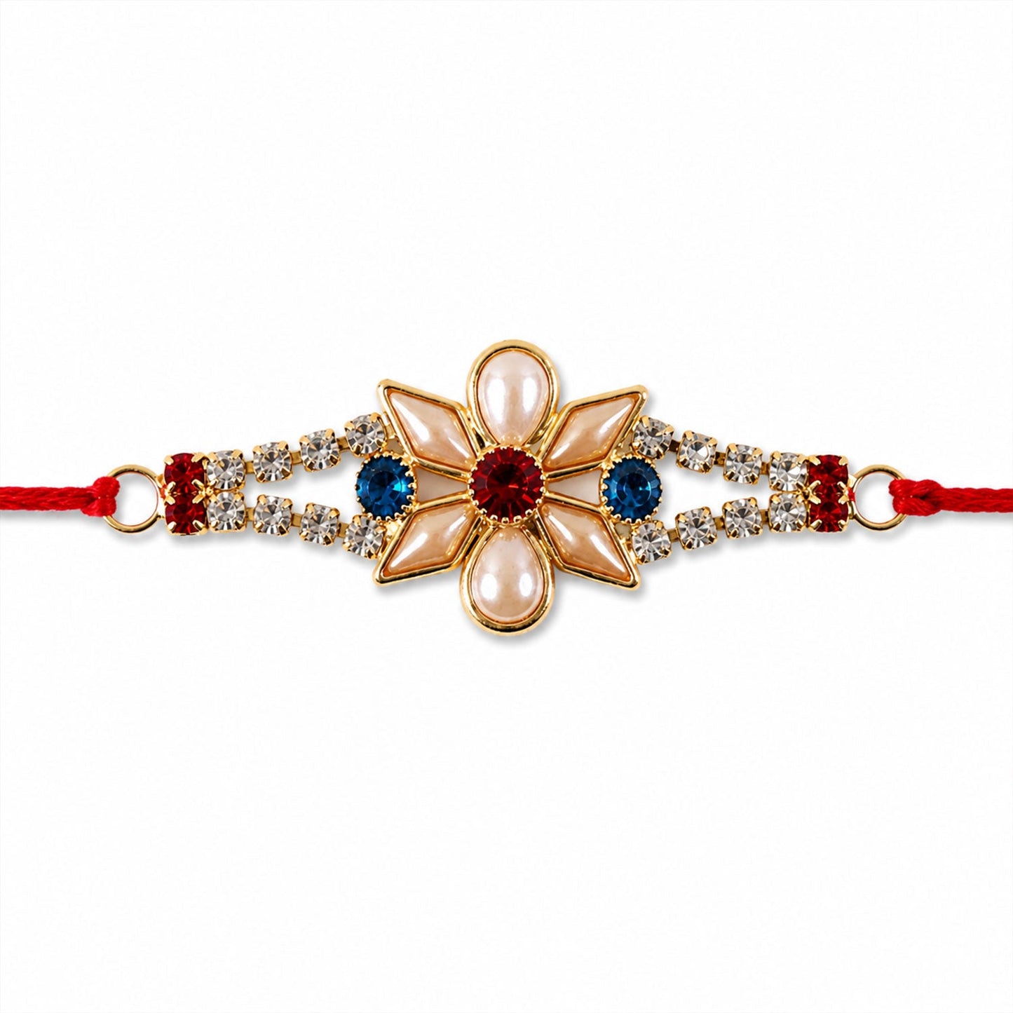 Designer Pearl Flower Rakhi with Blue & Red Stones for Brother