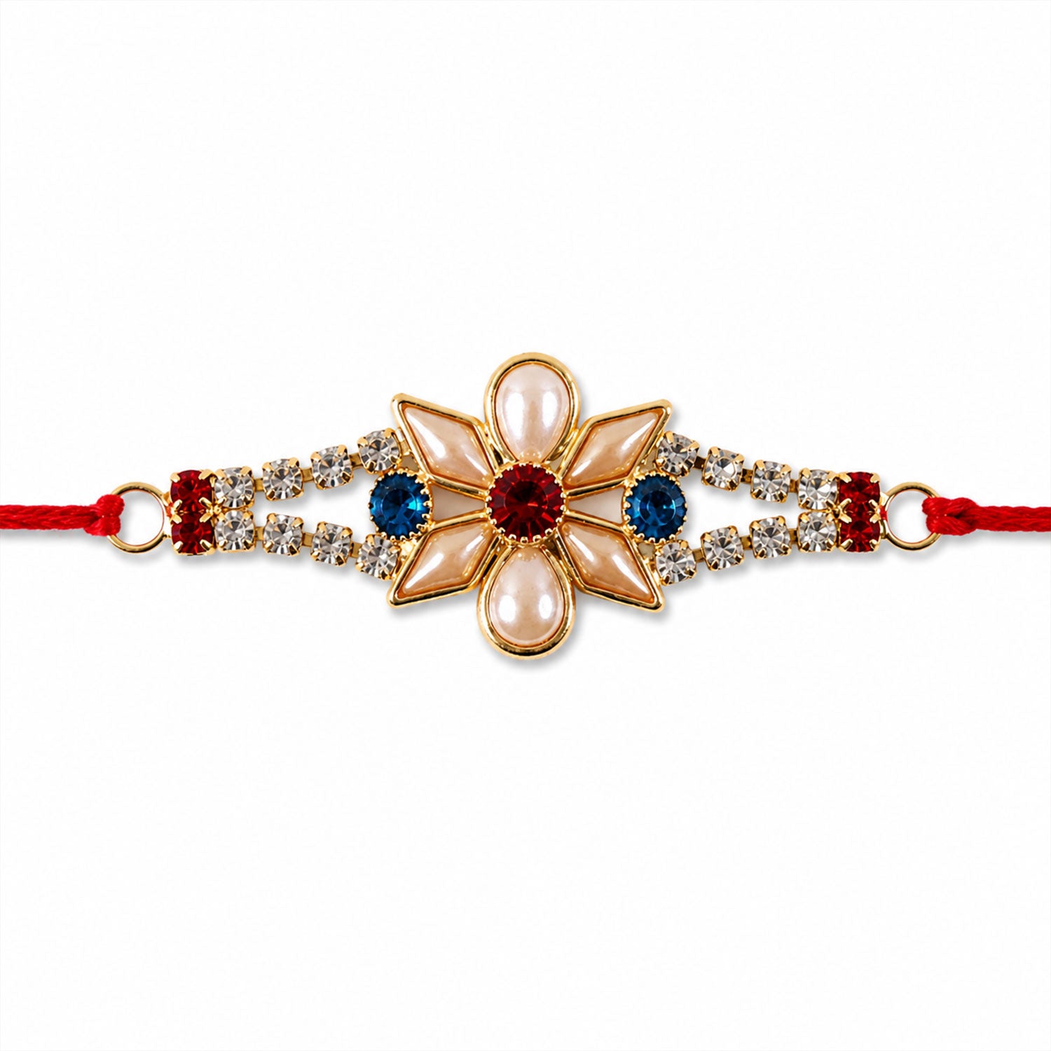 Designer Pearl Flower Rakhi with Blue & Red Stones for Brother