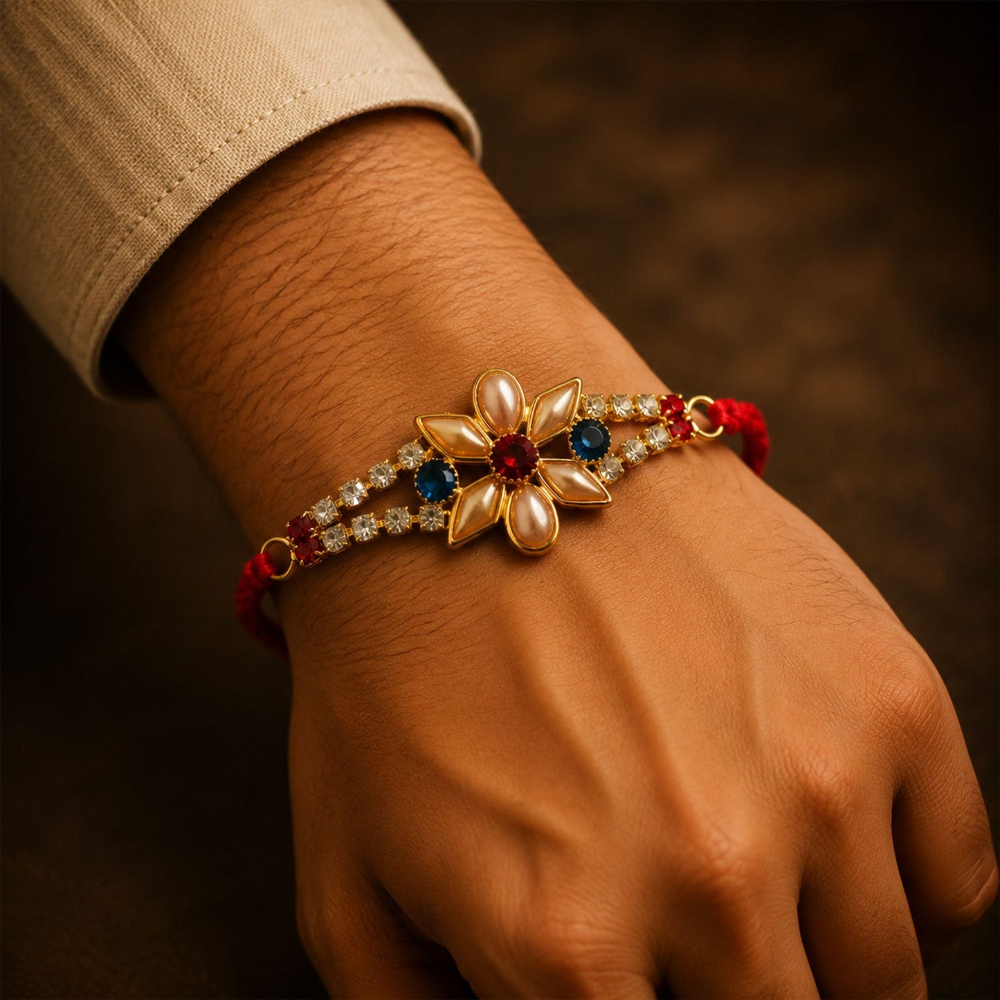 Designer Pearl Flower Rakhi with Blue & Red Stones for Brother