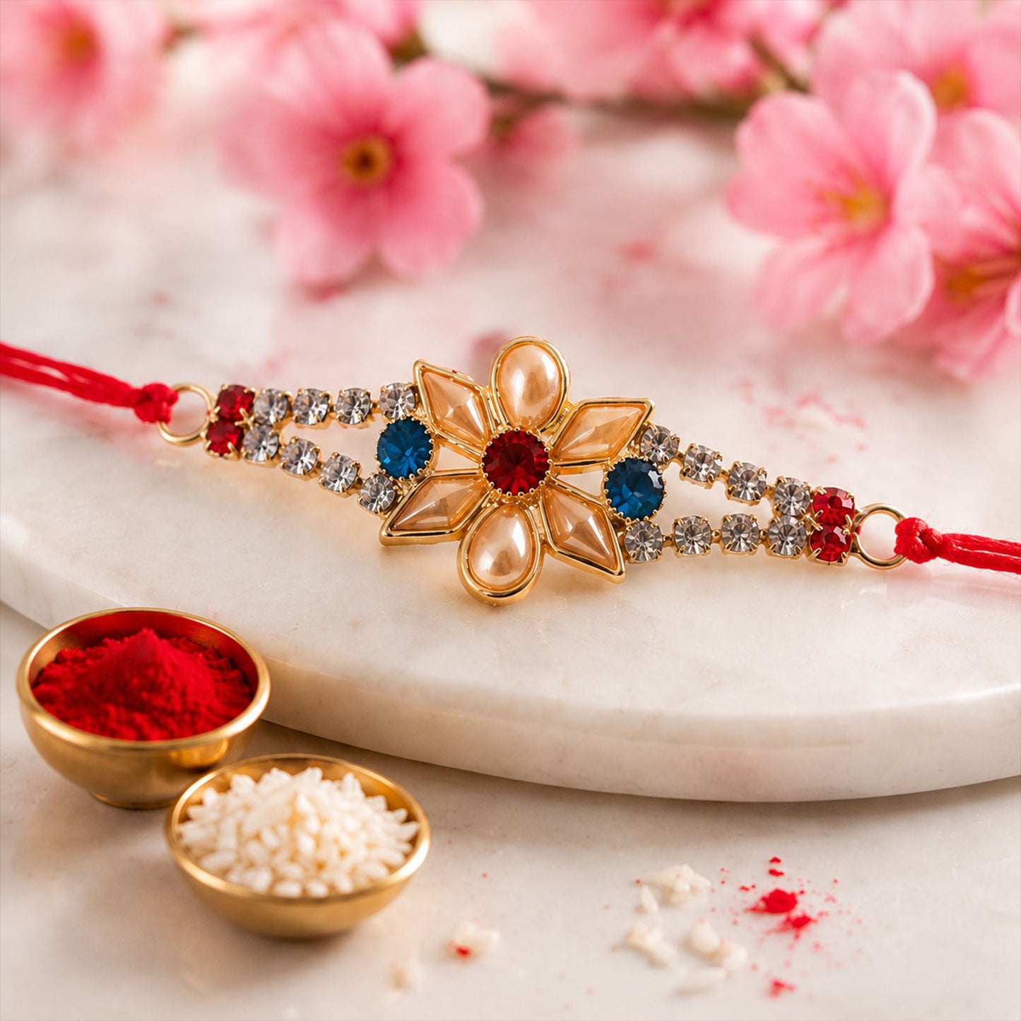 Designer Pearl Flower Rakhi with Blue & Red Stones for Brother