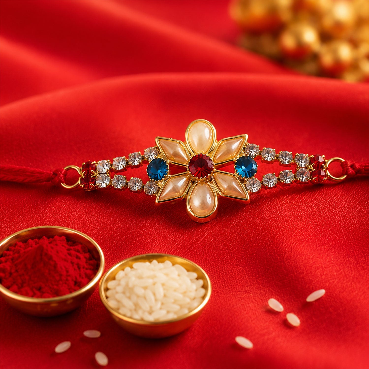 Designer Pearl Flower Rakhi with Blue & Red Stones for Brother