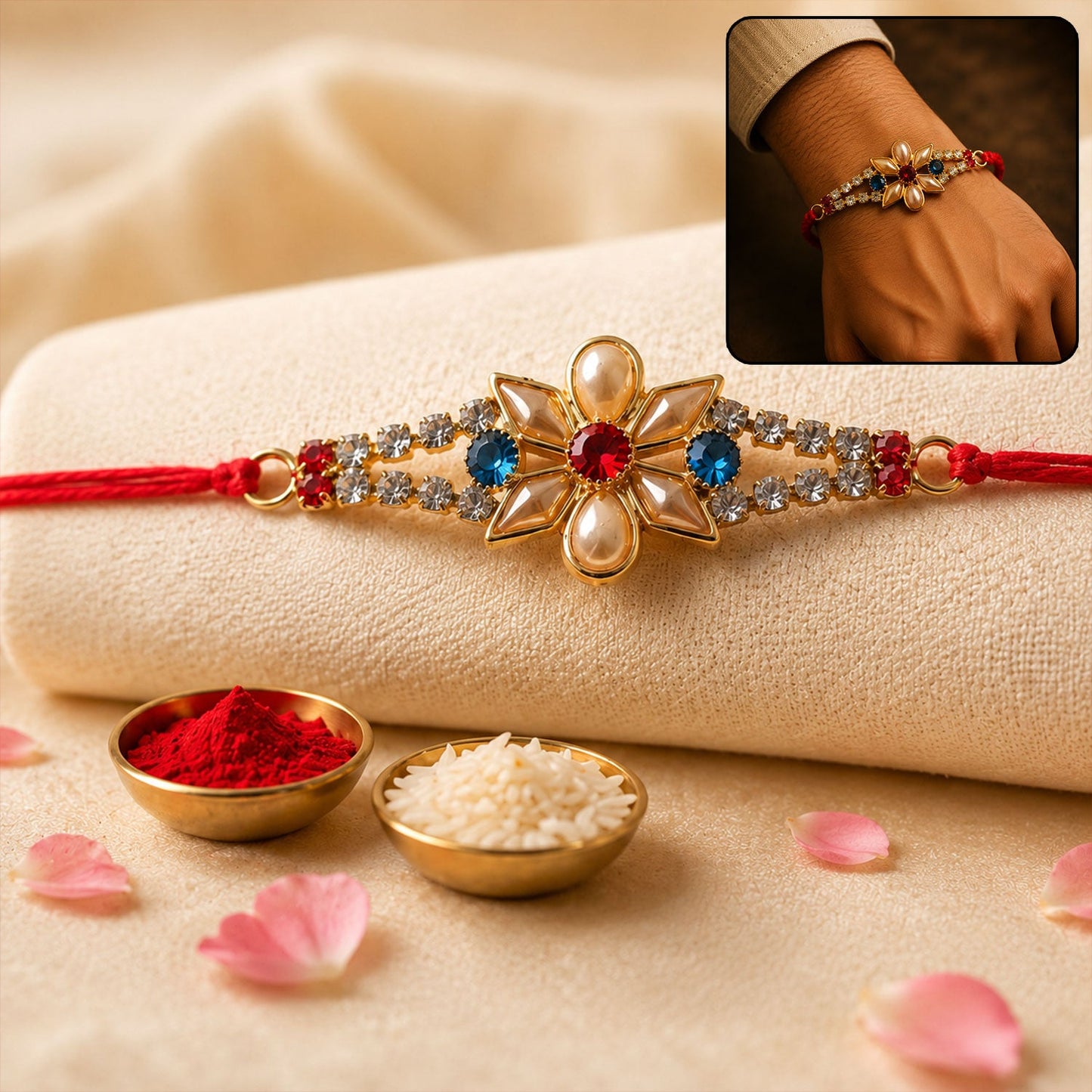 Designer Pearl Flower Rakhi with Blue & Red Stones for Brother