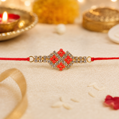 Sparkling AD Stone Band Rakhi with Red Stones for Brother