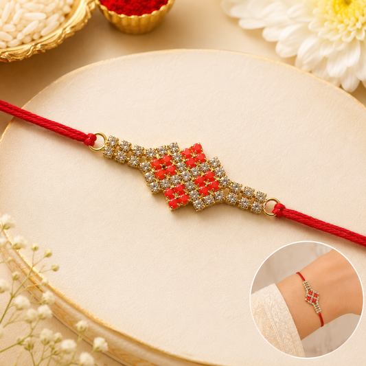 Sparkling AD Stone Band Rakhi with Red Stones for Brother