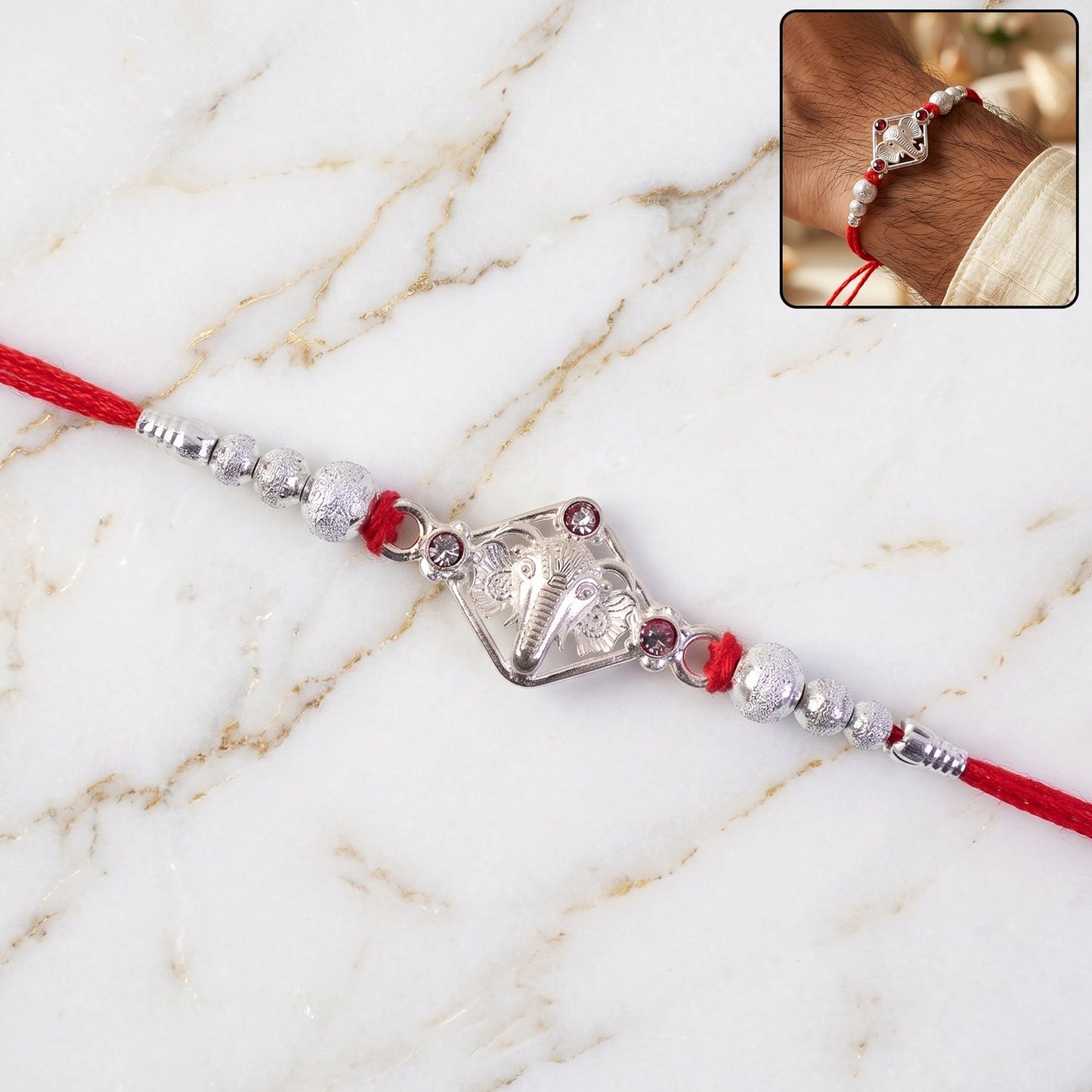 Silver-Tone Ganehsa Rakhi with Red Stone & Pearls for Brother