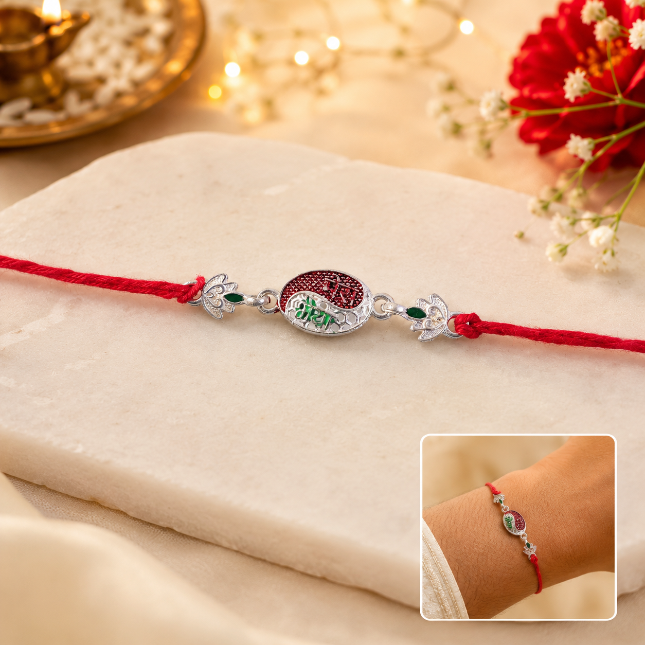 Silver Oval Meenakari Mere BhaiyaText Rakhi for Brother - Rakshabandhan Gift
