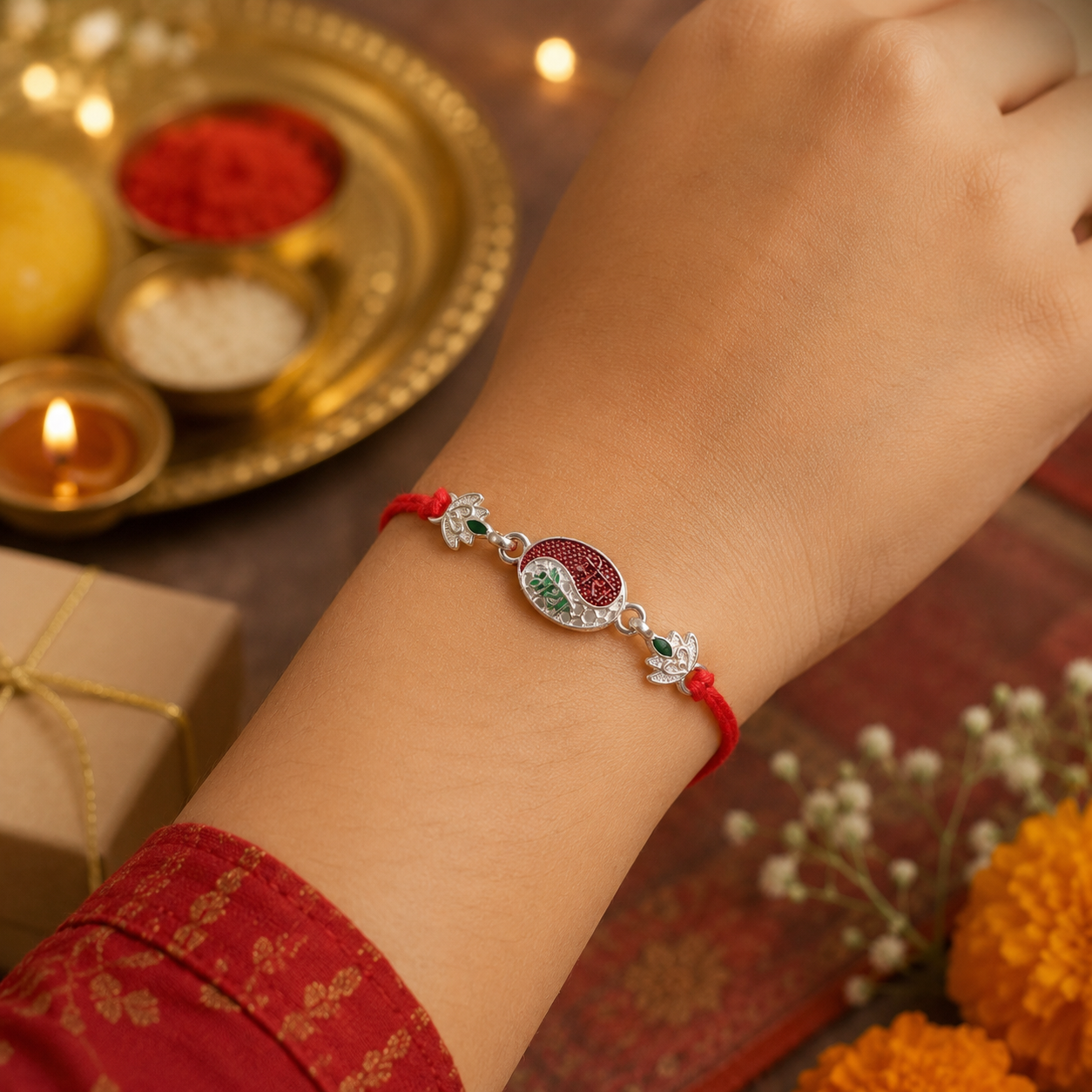Silver Oval Meenakari Mere BhaiyaText Rakhi for Brother - Rakshabandhan Gift