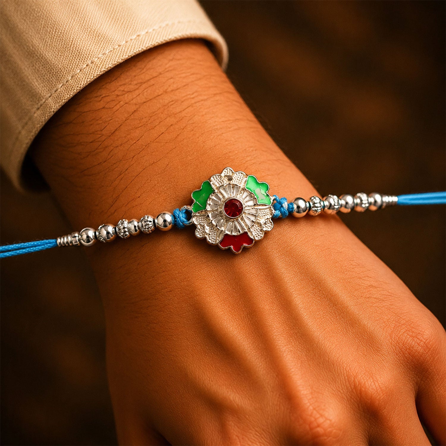 Silver Meenakari Floral Rakhi with Beads for Brother