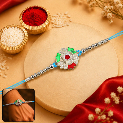 Silver Meenakari Floral Rakhi with Beads for Brother