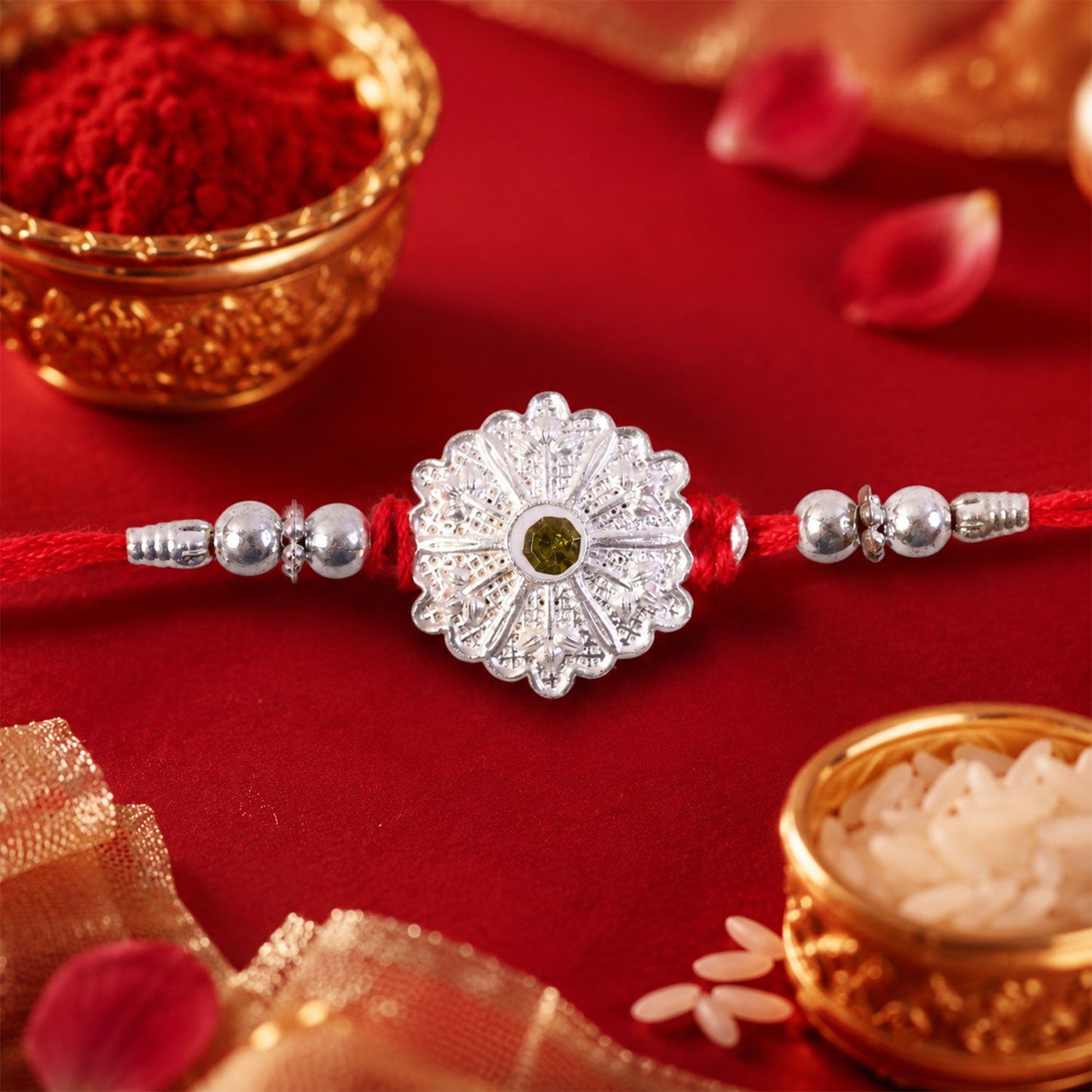 Oxidised Silver Mandala Rakhi with Green Stone for Brother