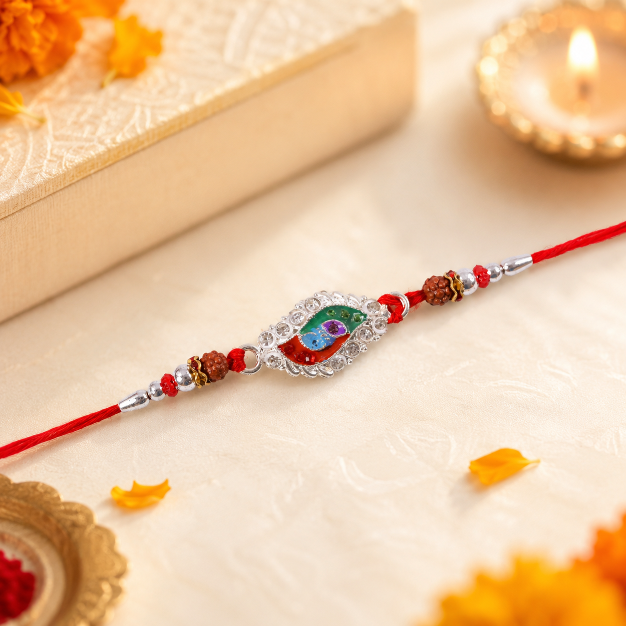 Silver Meenakari Marquise Rakhi with Beads for Brother