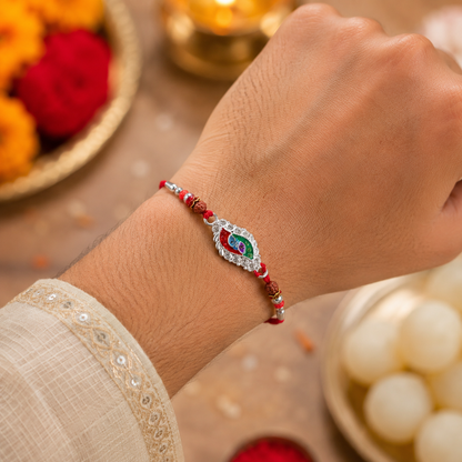 Silver Meenakari Marquise Rakhi with Beads for Brother