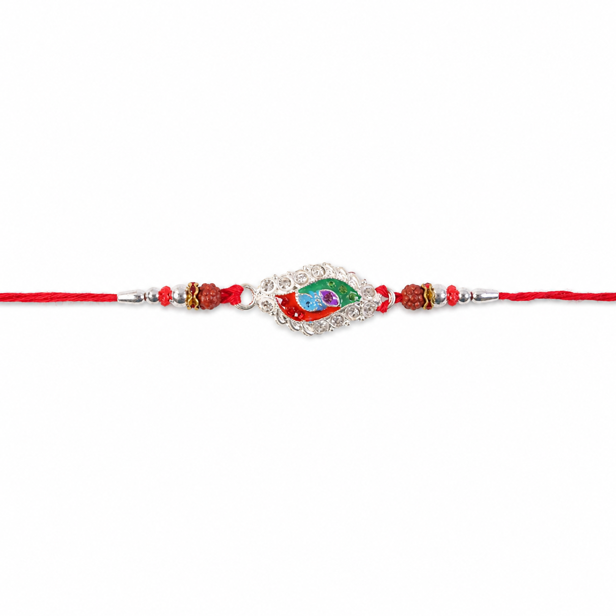 Silver Meenakari Marquise Rakhi with Beads for Brother