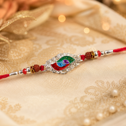 Silver Meenakari Marquise Rakhi with Beads for Brother