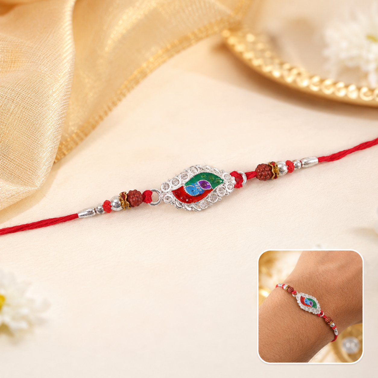 Silver Meenakari Marquise Rakhi with Beads for Brother
