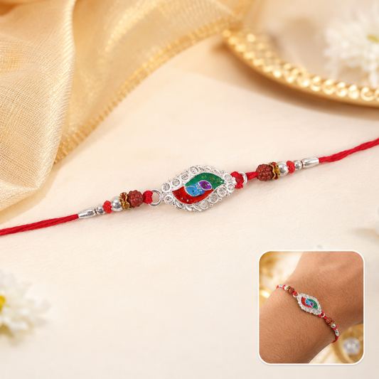 Silver Meenakari Marquise Rakhi with Beads for Brother