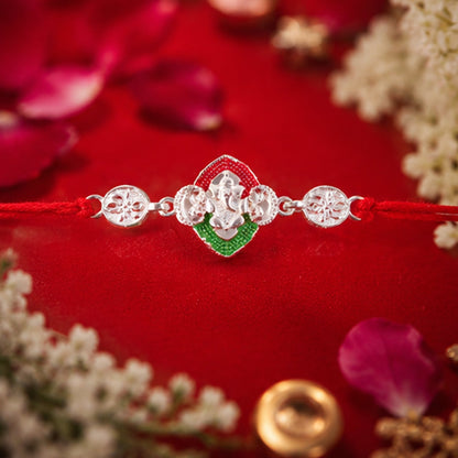 Silver Lord Ganesha Meenakari Rakhi for Brother - Rakshabandhan Gift