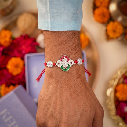 Silver Lord Ganesha Meenakari Rakhi for Brother - Rakshabandhan Gift