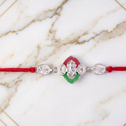Silver Lord Ganesha Meenakari Rakhi for Brother - Rakshabandhan Gift