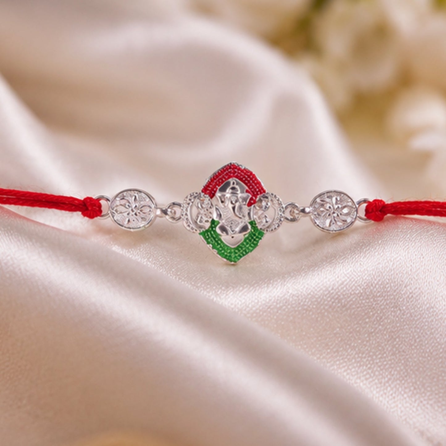Silver Lord Ganesha Meenakari Rakhi for Brother - Rakshabandhan Gift