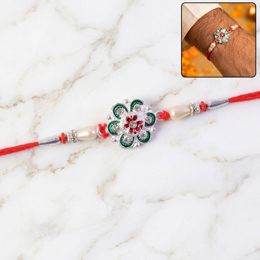Silver Green Meenakari Floral Rakhi with Pearls for Brother