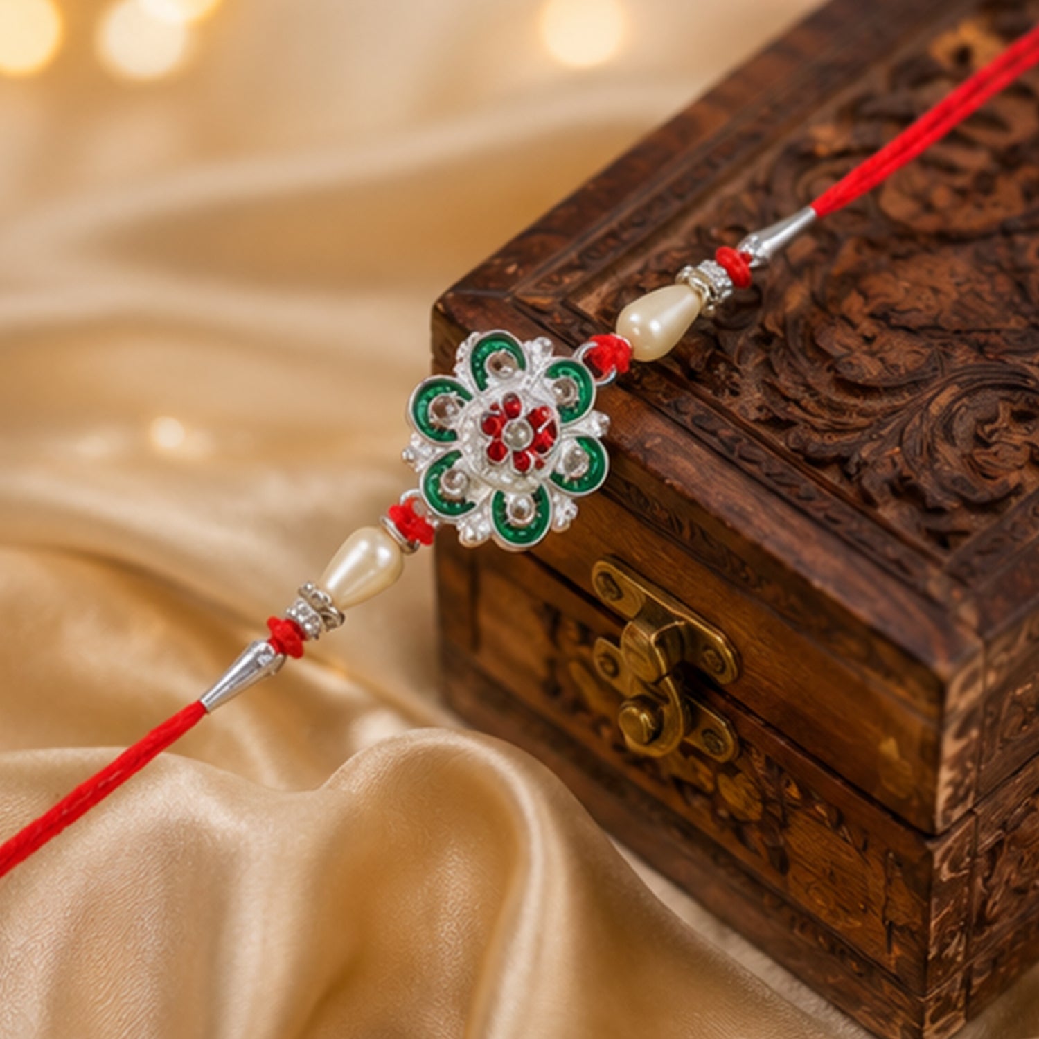 Silver Green Meenakari Floral Rakhi with Pearls for Brother