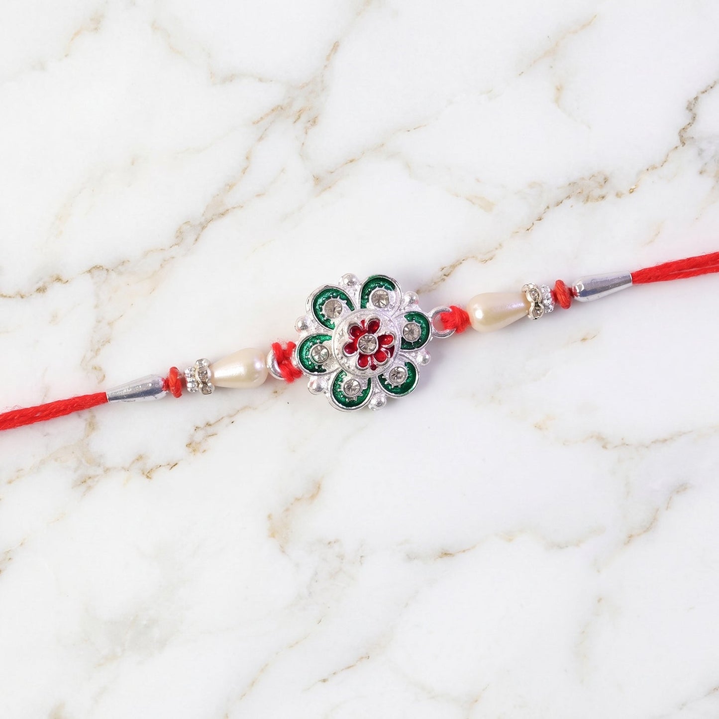 Silver Green Meenakari Floral Rakhi with Pearls for Brother