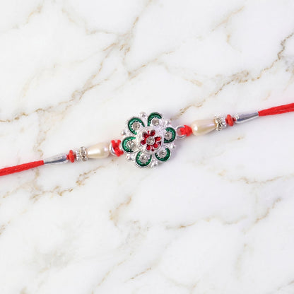 Silver Green Meenakari Floral Rakhi with Pearls for Brother