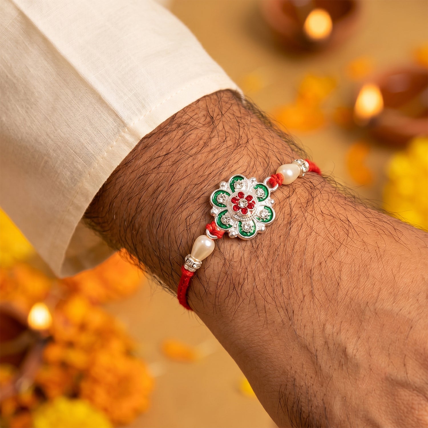 Silver Green Meenakari Floral Rakhi with Pearls for Brother