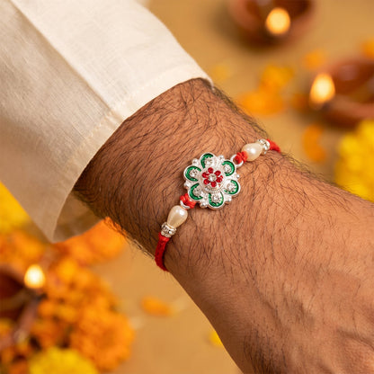 Silver Green Meenakari Floral Rakhi with Pearls for Brother