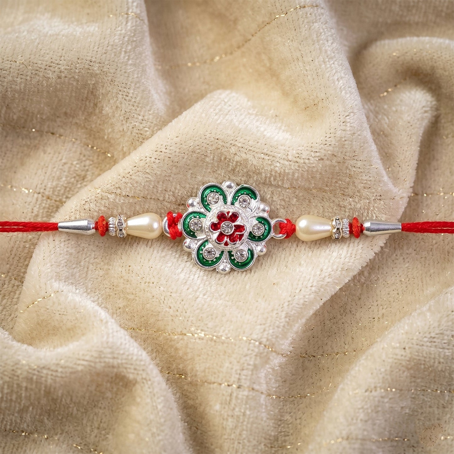 Silver Green Meenakari Floral Rakhi with Pearls for Brother