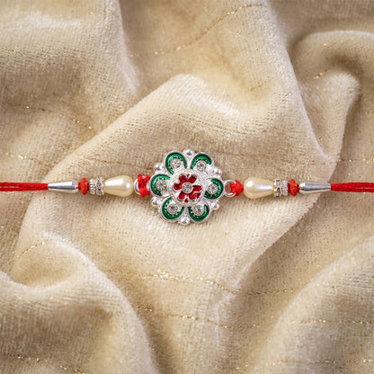 Silver Green Meenakari Floral Rakhi with Pearls for Brother