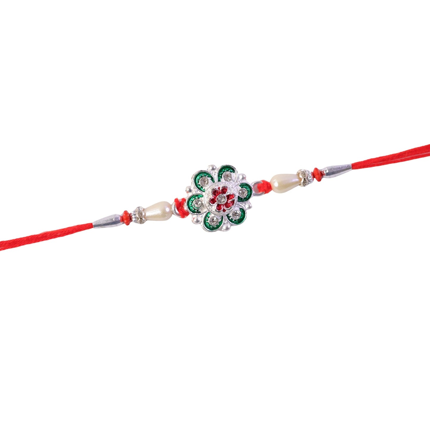 Silver Green Meenakari Floral Rakhi with Pearls for Brother