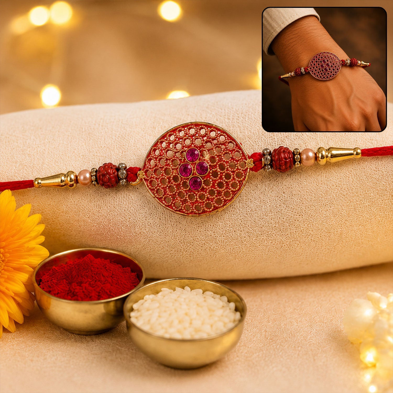 Stylish Meenakari Oval Kundan Rakhi with Beads for Brother