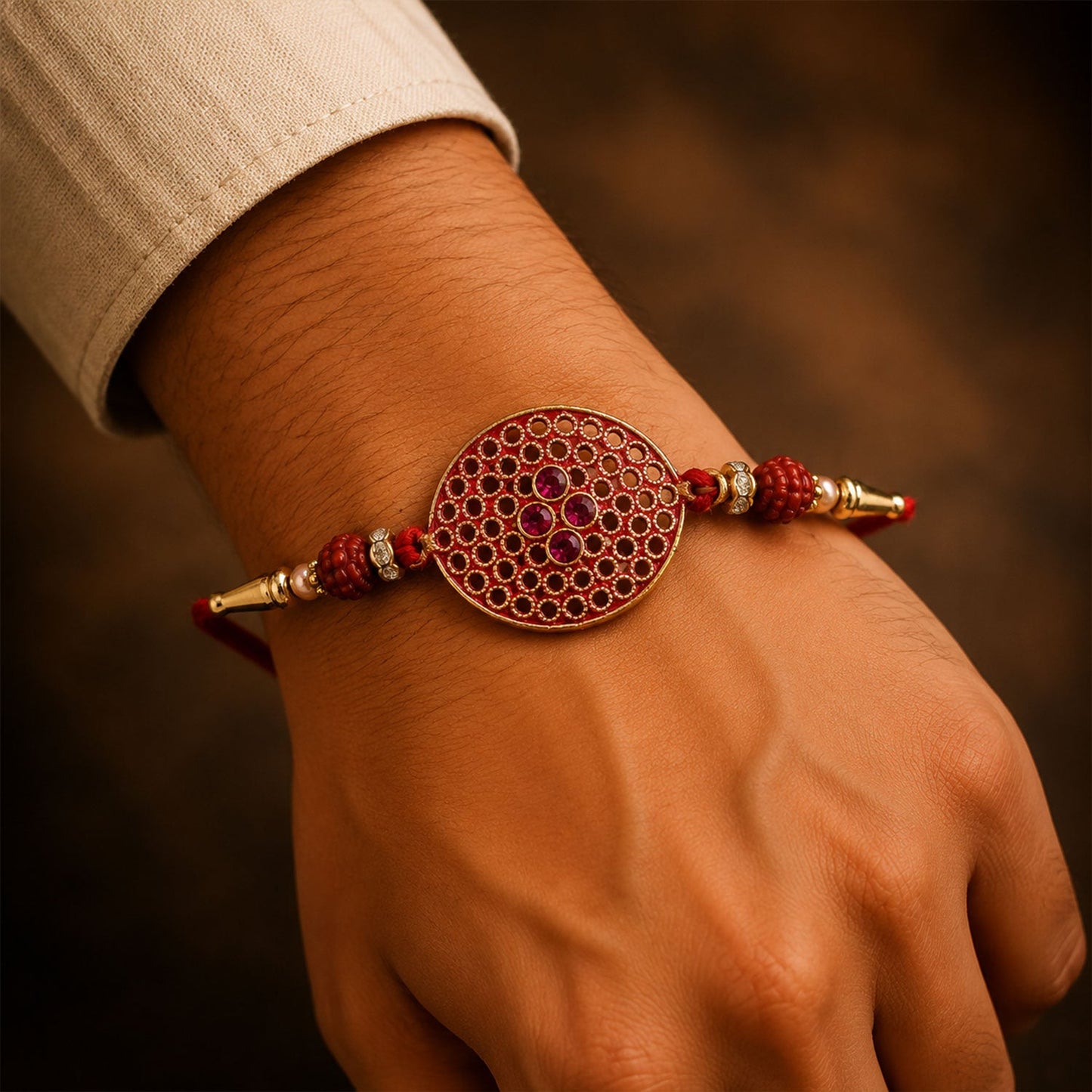 Stylish Meenakari Oval Kundan Rakhi with Beads for Brother