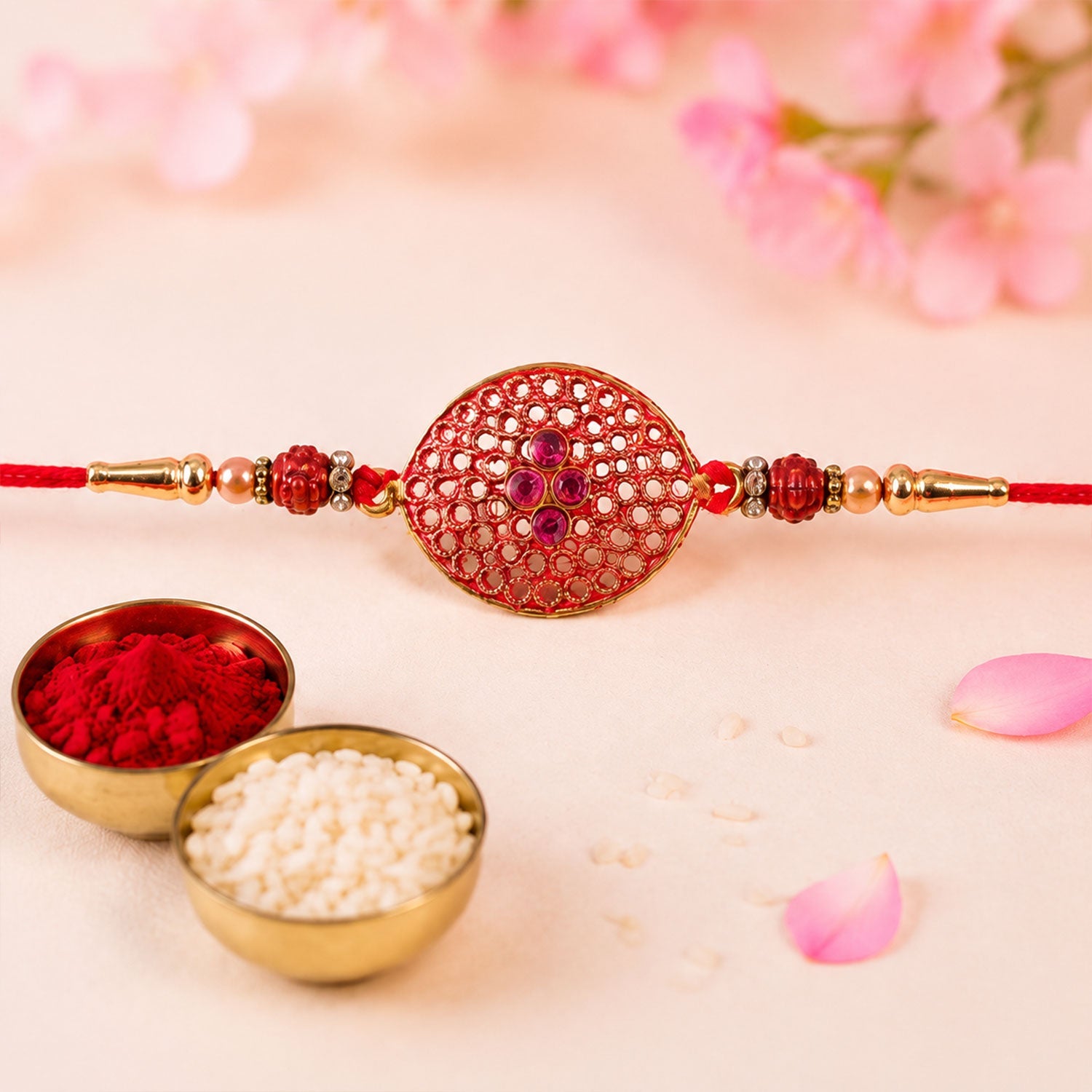 Stylish Meenakari Oval Kundan Rakhi with Beads for Brother