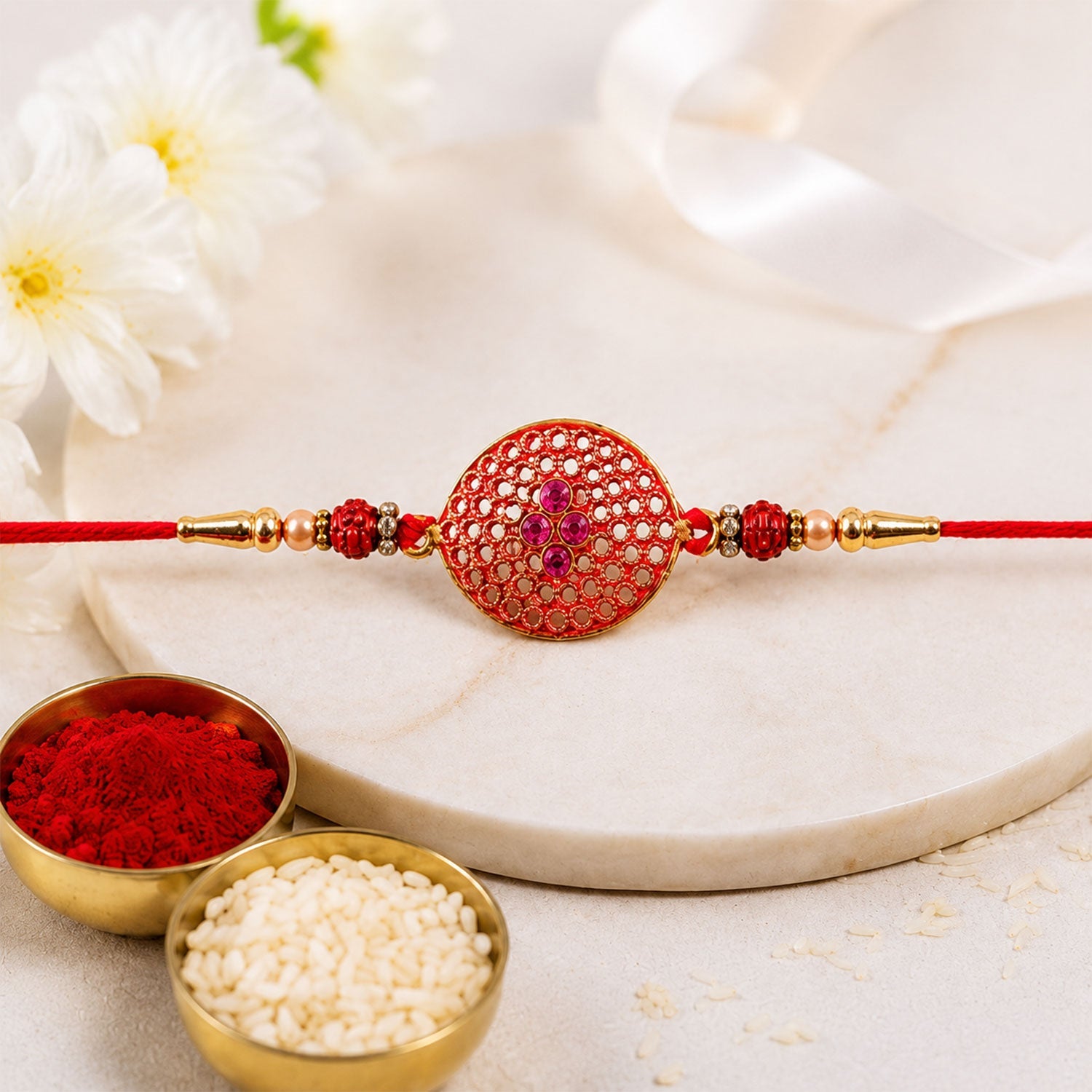 Stylish Meenakari Oval Kundan Rakhi with Beads for Brother