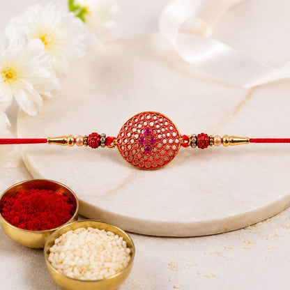 Stylish Meenakari Oval Kundan Rakhi with Beads for Brother