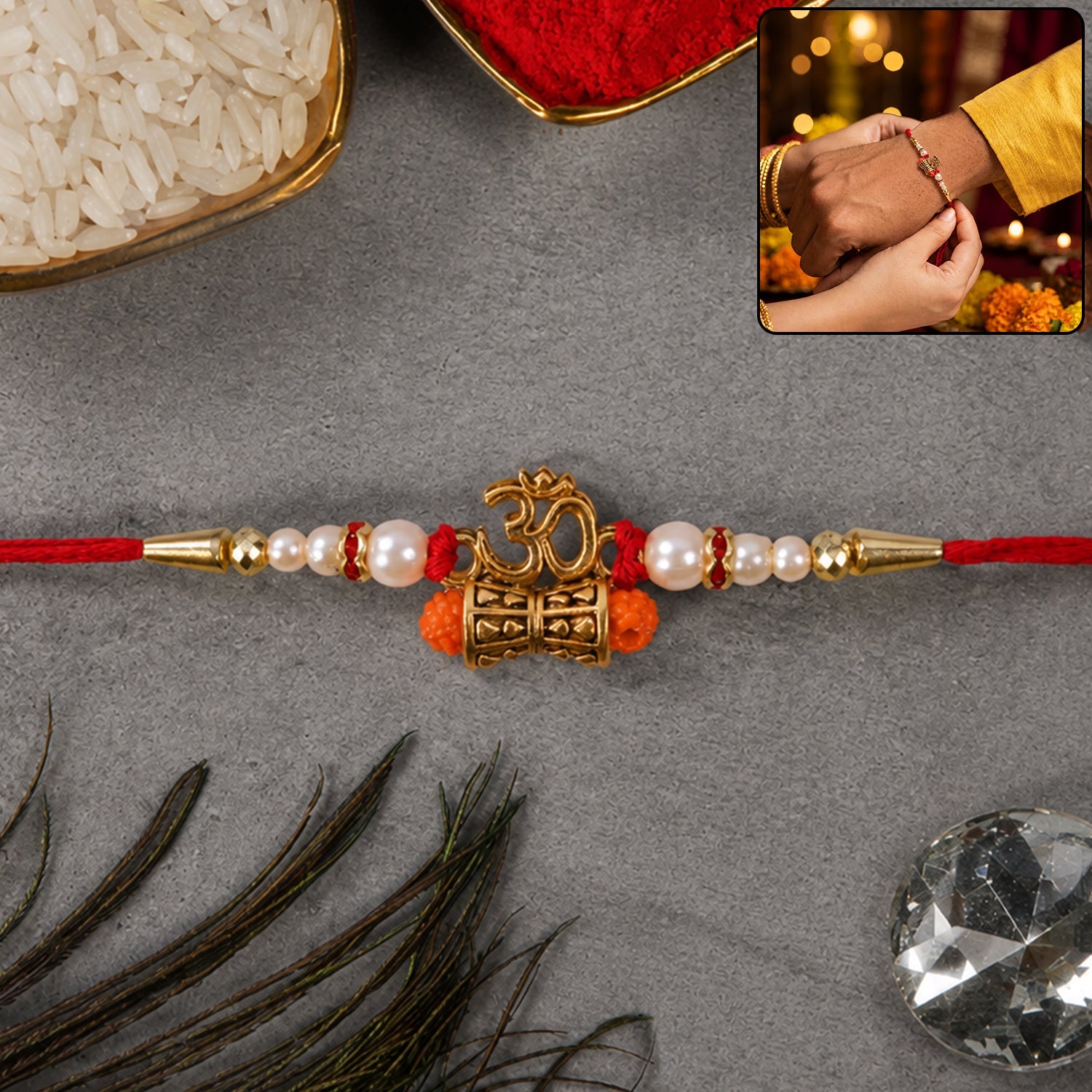 Traditional Golden Om Rakhi with Rudraksha & Pearls for Brother