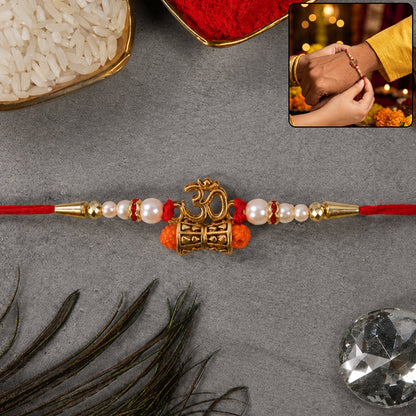Traditional Golden Om Rakhi with Rudraksha & Pearls for Brother