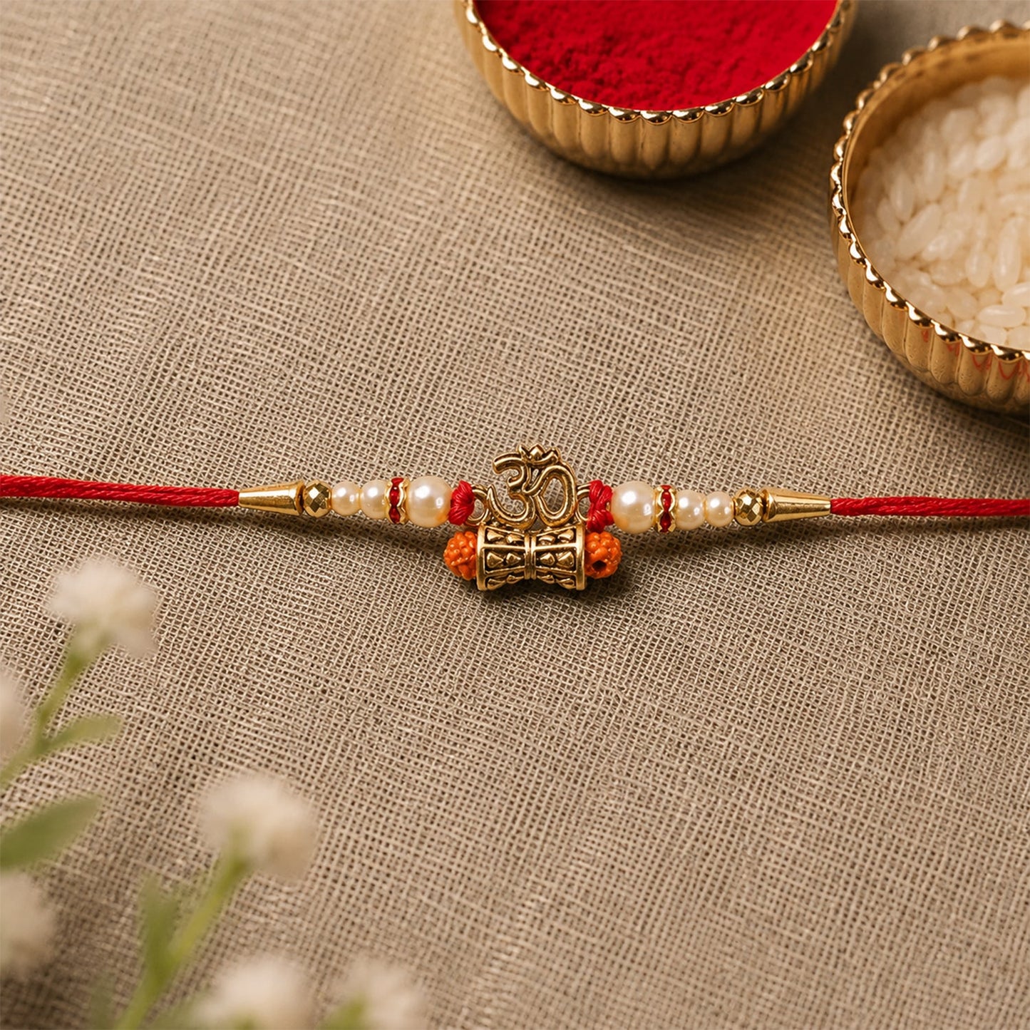 Traditional Golden Om Rakhi with Rudraksha & Pearls for Brother