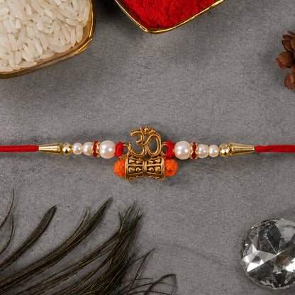 Traditional Golden Om Rakhi with Rudraksha & Pearls for Brother