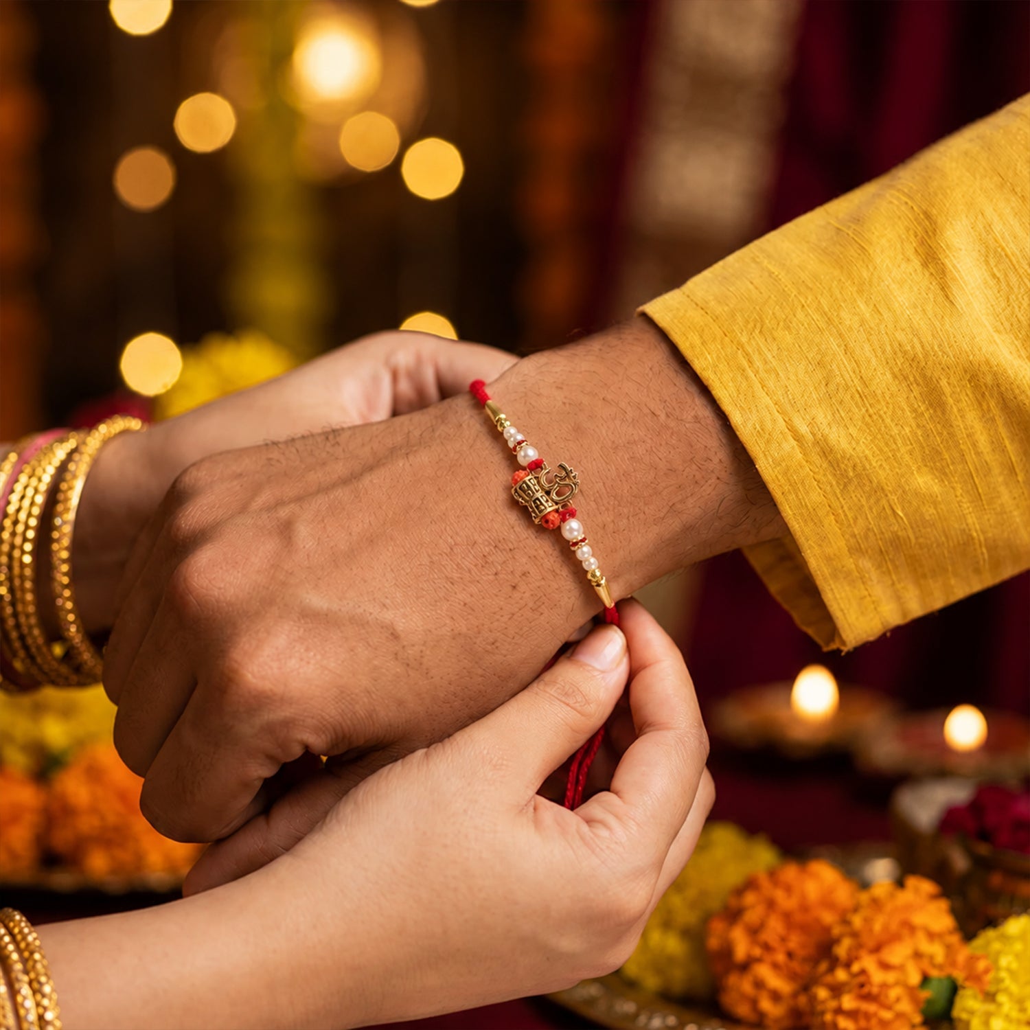 Traditional Golden Om Rakhi with Rudraksha & Pearls for Brother