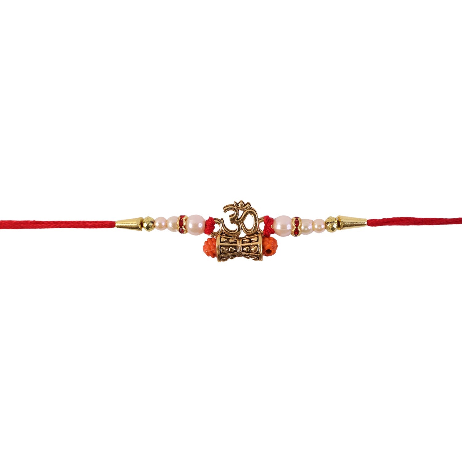 Traditional Golden Om Rakhi with Rudraksha & Pearls for Brother