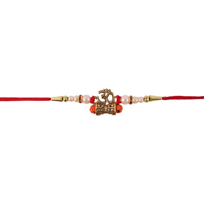 Traditional Golden Om Rakhi with Rudraksha & Pearls for Brother