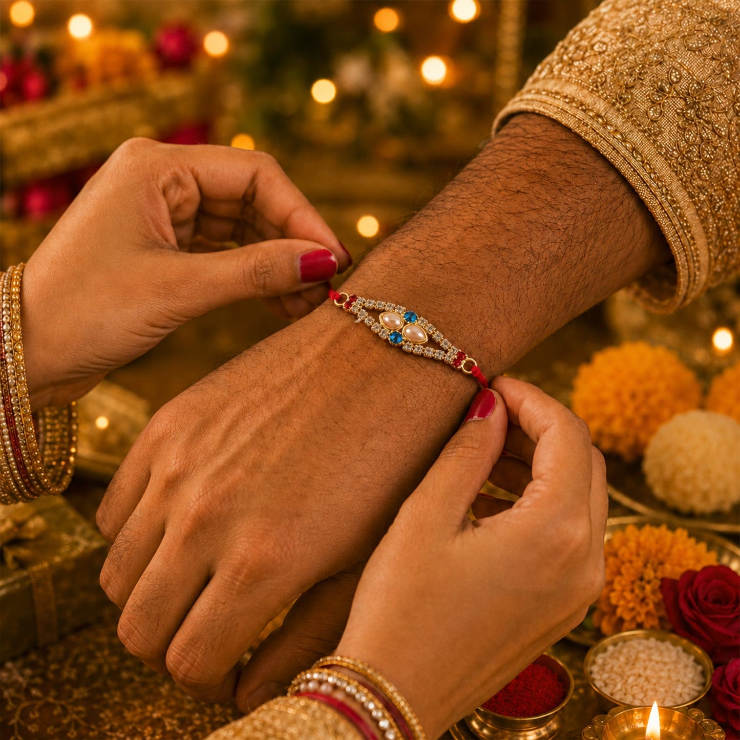 Royal Pearl & AD Stone Rakhi with Blue & Red Stones for Brother