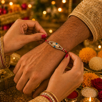Royal Pearl & AD Stone Rakhi with Blue & Red Stones for Brother