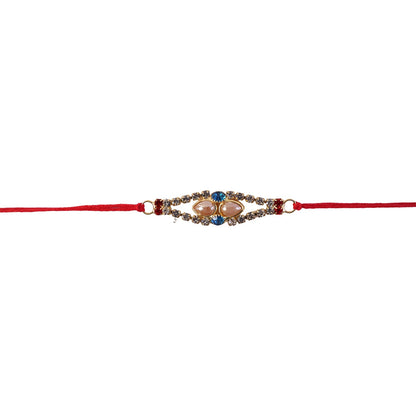 Royal Pearl & AD Stone Rakhi with Blue & Red Stones for Brother