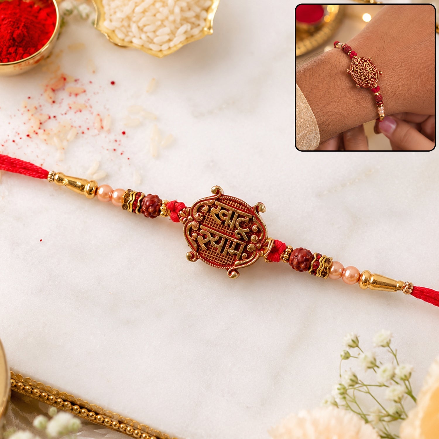 Khatu Shyam Antique Maroon Meenakari Pendant Rakhi with Rudraksha Beads